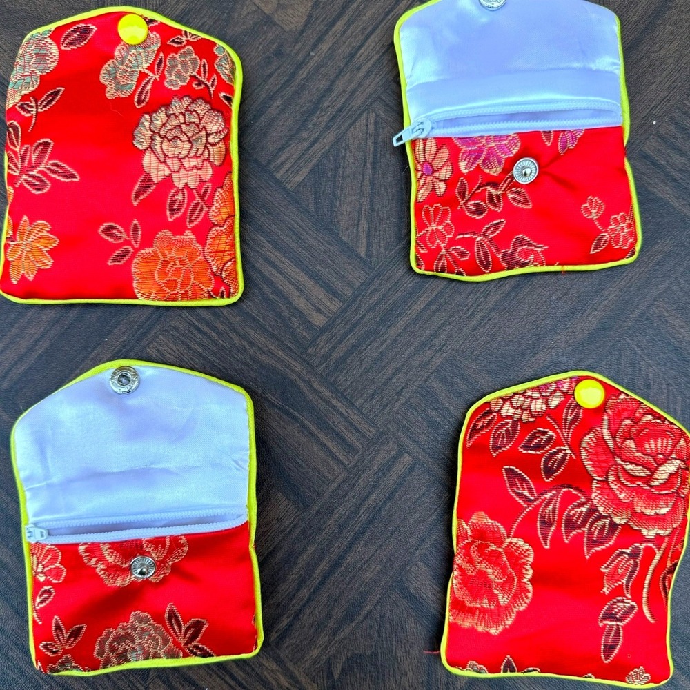 Red Silk Brocade Floral Jewelry Travel Pouches Snap Closure Zippered Chinese 4pc